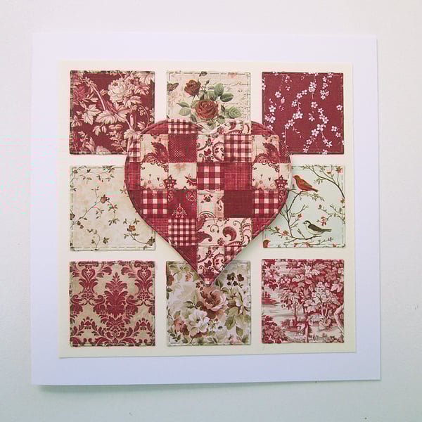 Patchwork red floral heart card for Valentines, a wedding or an anniversary