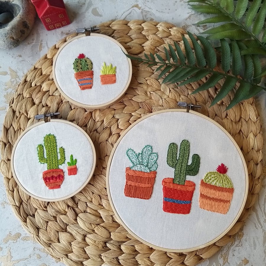 Hand Embroidered Cacti Succulent Hoop Art. Set of 3 Hoops 