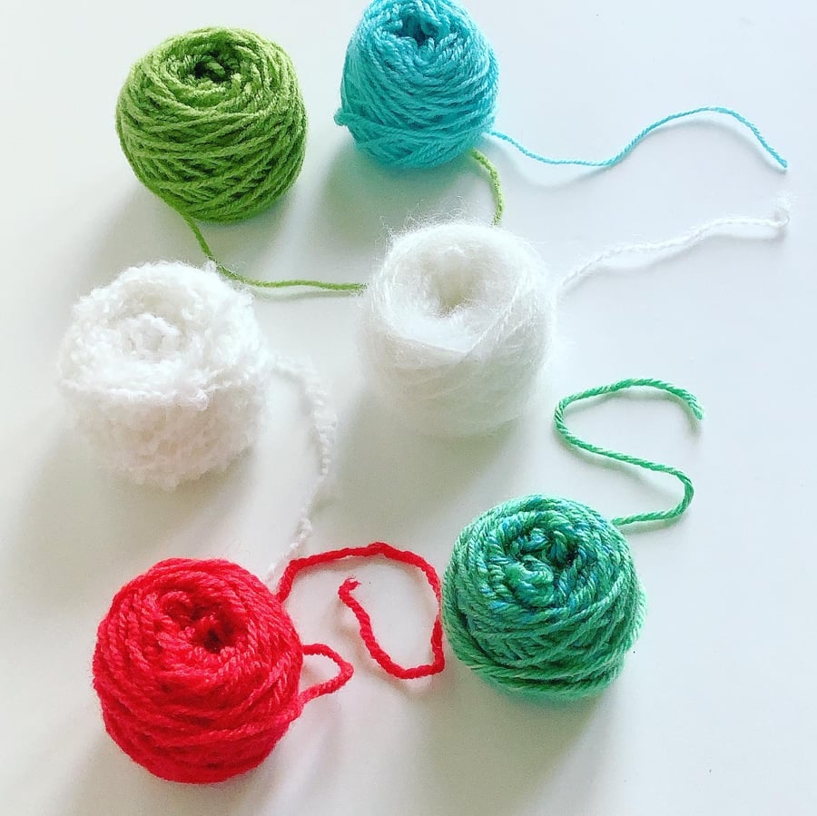 Yarn oddments, mini balls of yarn, 10g balls of Christmas coloured  yarn