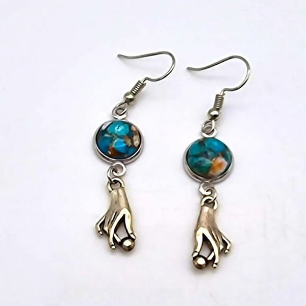 Mohave Copper Turquoise Dangle Earrings With Silver-Plated Hands