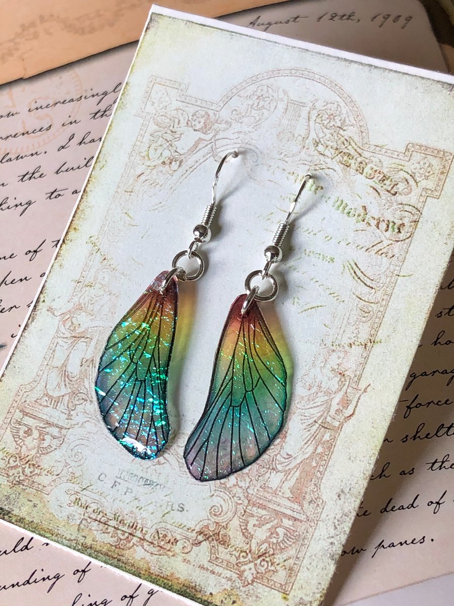 Dainty Iridescent Fairy Wings Sterling Silver Earrings