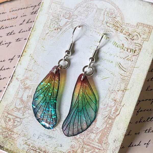 Dainty Iridescent Fairy Wings Sterling Silver Earrings