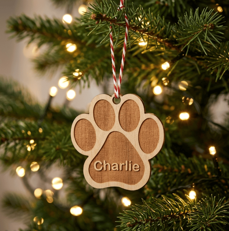 Personalised Dog Paw Christmas Ornament, Wood Christmas Tree Decoration