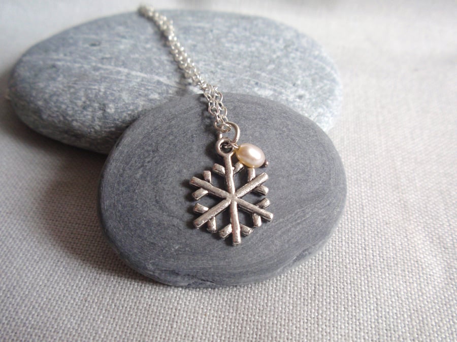 Silver Snowflake Necklace with Freshwater Pearl, christmas necklace