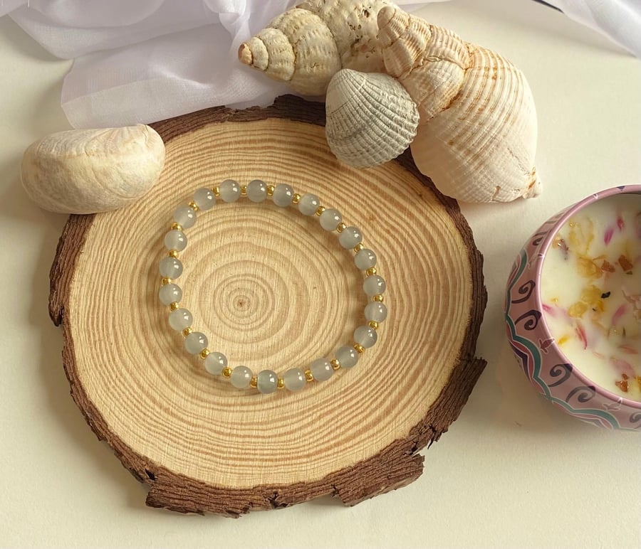 Slate Glass Beaded Bracelet Gold Accents