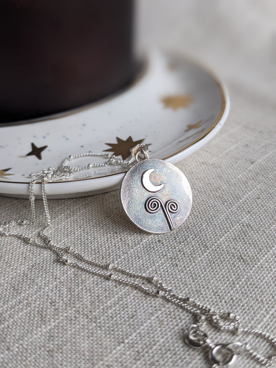 Silver moon textured disc handmade necklace