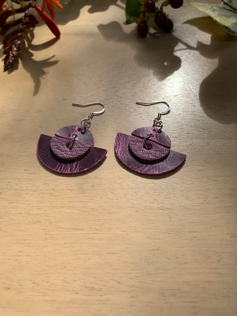 Purple leather handmade earrings free gift wrap 