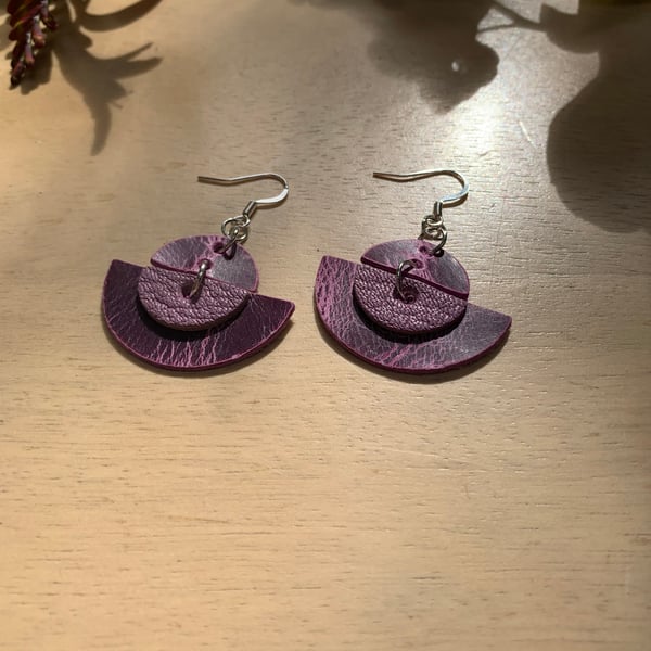 Purple leather handmade earrings free gift wrap 