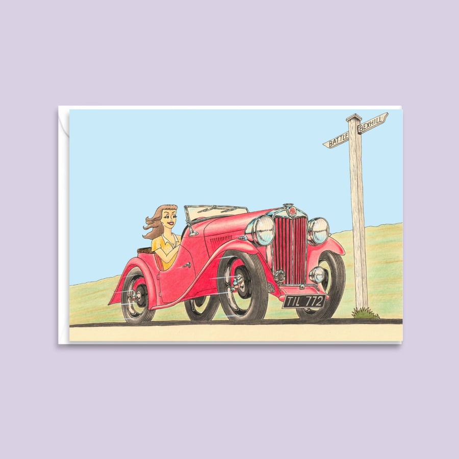 Forties Sports Car Greetings Card and Envelope, Blank Inside (6"x4")