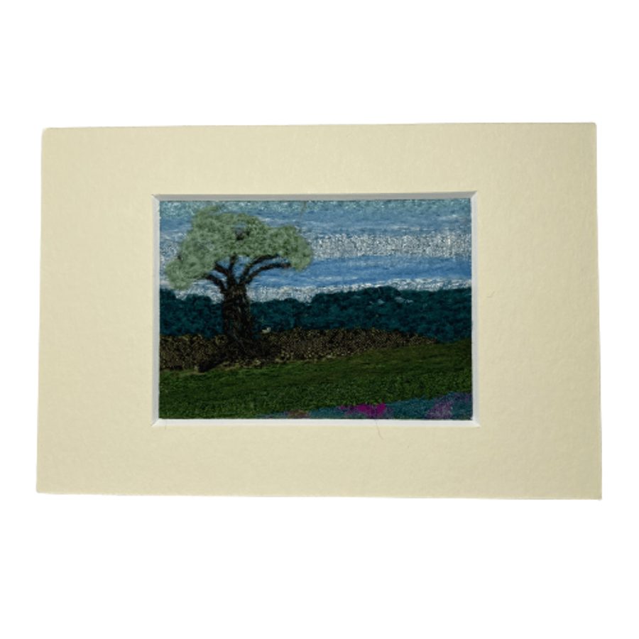 ACEO, Silk and wool textile art, needle felted, landscape with tree 
