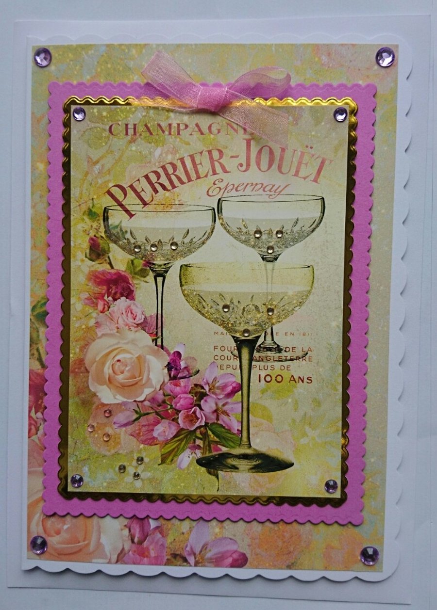 Champagne Greeting Card French Vintage Glasses Perrier Jouet 3D Luxury Handmade