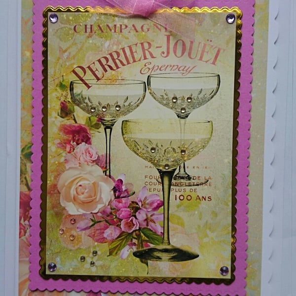 Champagne Greeting Card French Vintage Glasses Perrier Jouet 3D Luxury Handmade