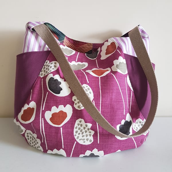 Tote bag, with side pockets: mauve floral print