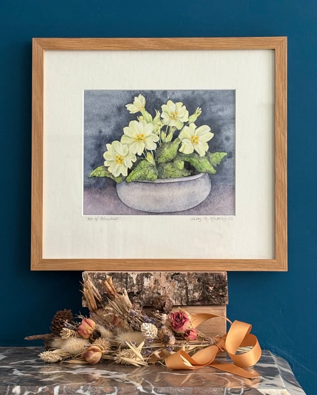 Framed original watercolour painting 'Pot of Primroses'