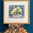 Framed original watercolour painting 'Pot of Primroses'