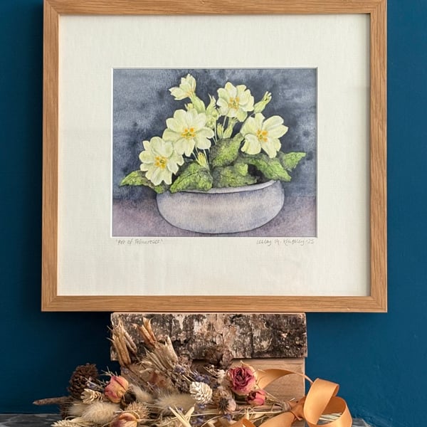 Framed original watercolour painting 'Pot of Primroses'