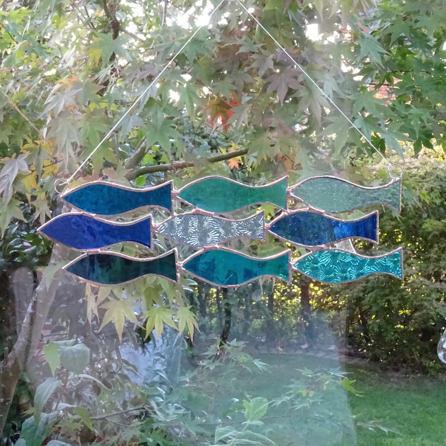 Stained Glass Shoal of 9 Fish Suncatcher - Blue and Turquoise