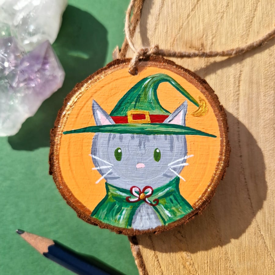 Grey cat witch art, Halloween decoration, Grey cat painting art, Grey cat gift