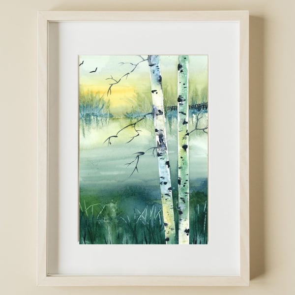 Lakeside Walk -Limited edition print of silver birches and lake