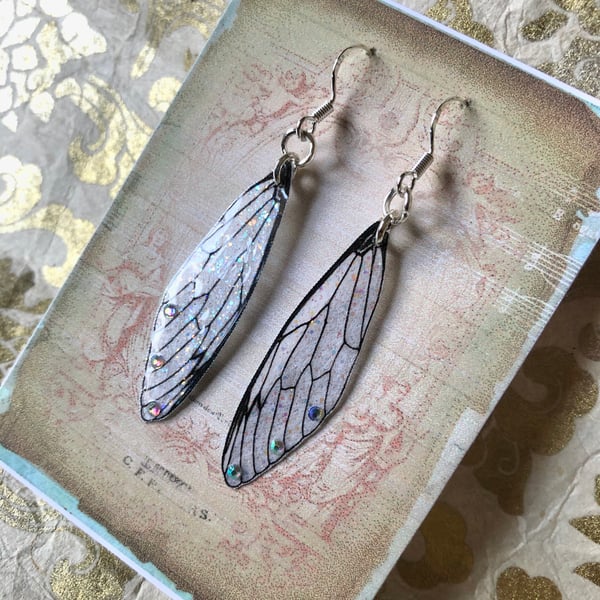 Aurora Borealis Rhinestone Sterling Silver Fairy Wing Earrings