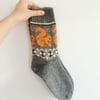 READY TO SHIP Grey wool socks orange squirrel fair isle autumn winter