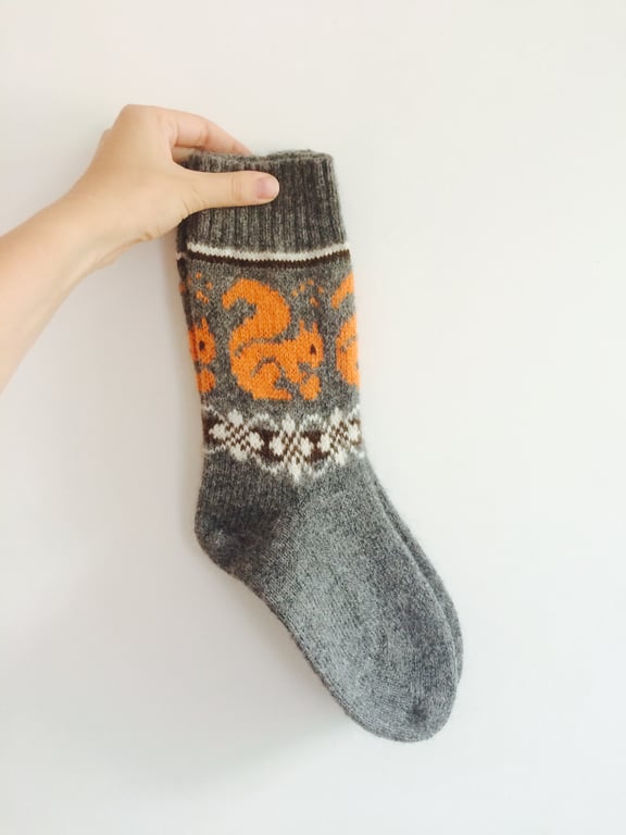 READY TO SHIP Grey wool socks orange squirrel fair isle autumn winter