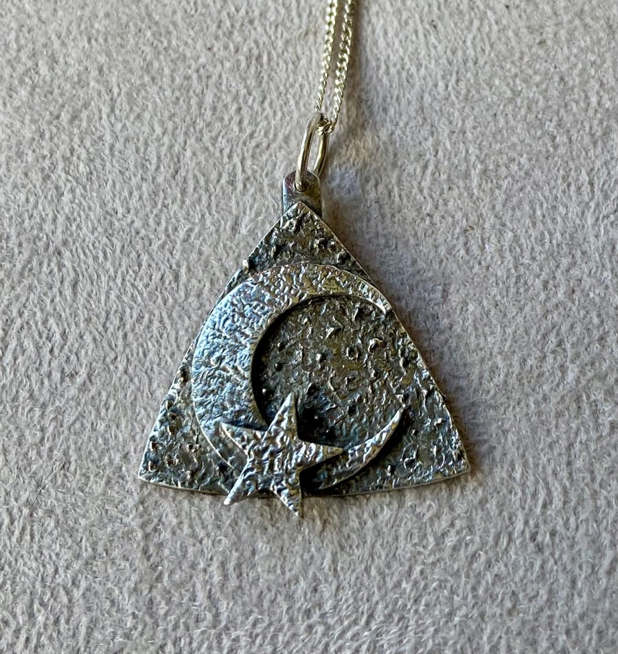 Crescent moon & star necklace on a triangular base, handmade in pure silver