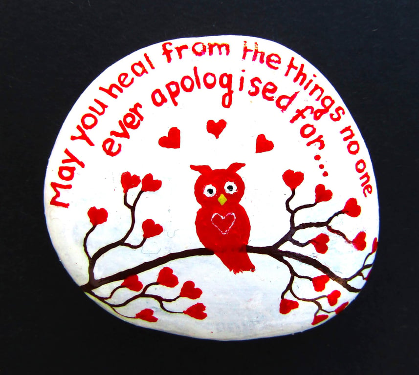Healing Gift, Painted Owl Pebble, Kindness Rock, Stone Art, Words Painting Heart