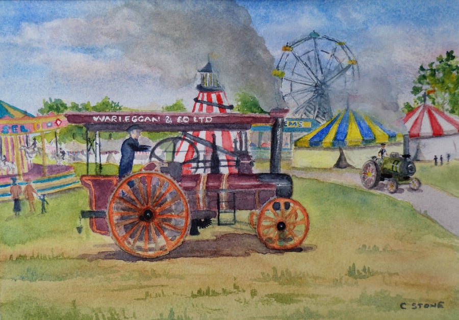 Steam traction engines at a country fair original watercolour painting