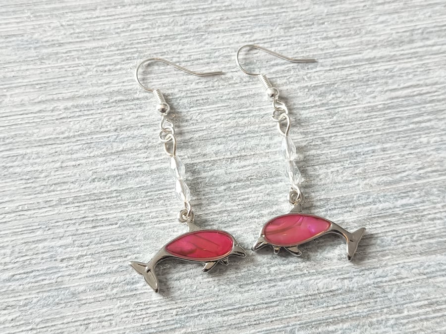 Pink Abalone Dolphin Charm Earrings