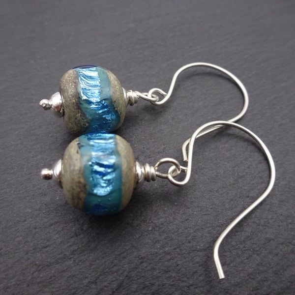 sterling silver earrings, blue sparkly lampwork glass jewellery
