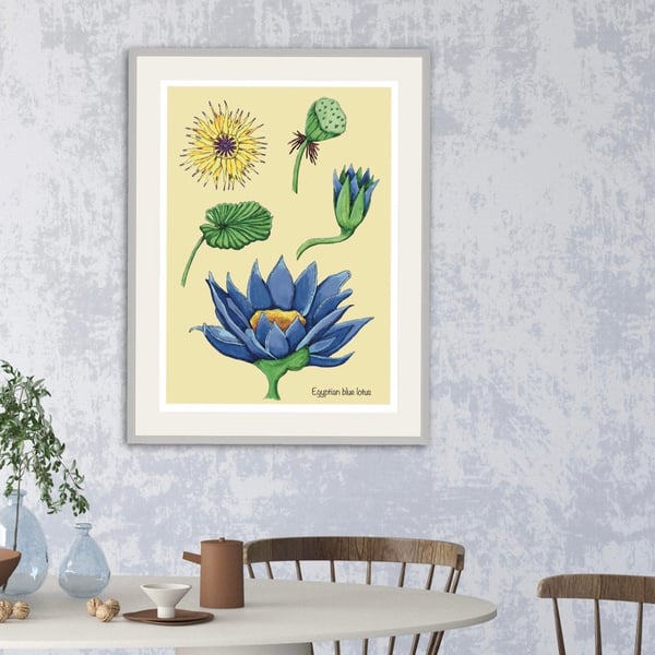A4 art print - Egyptian blue lotus flower. Art work. Art. Hand drawn. 