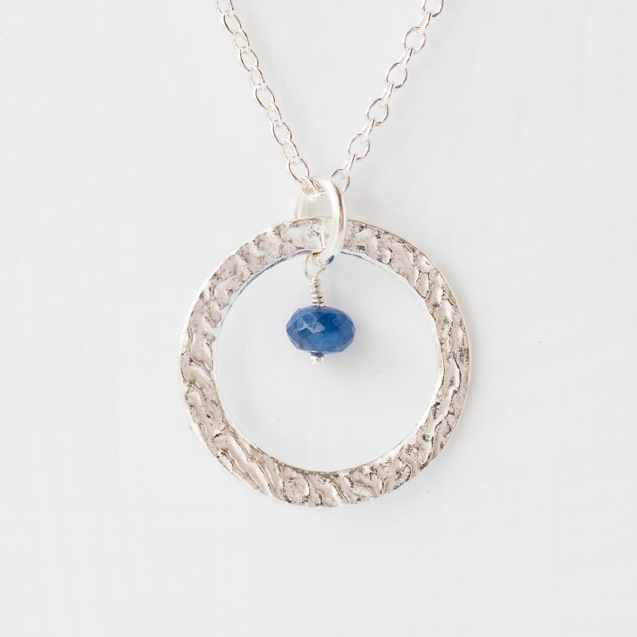 Blue Sapphire with Fine Silver Large Circle Pendant Necklace