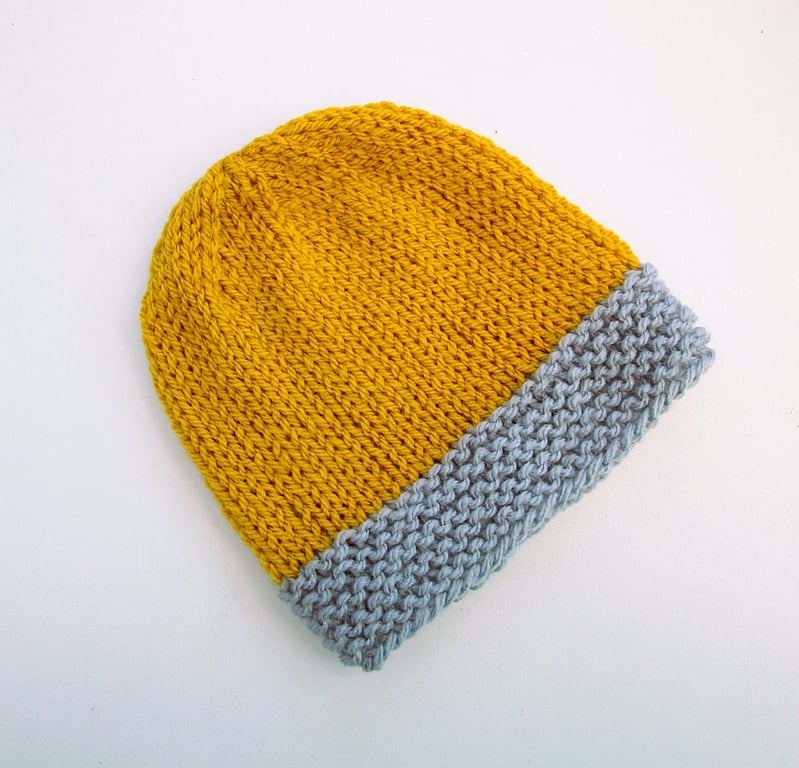 Baby hat in mustard and grey, 100% acrylic yarn, 2 sizes available