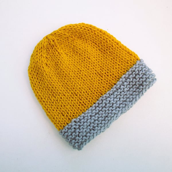 Baby hat in mustard and grey, 100% acrylic yarn, 2 sizes available