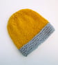 Baby hat in mustard and grey, 100% acrylic yarn, 2 sizes available