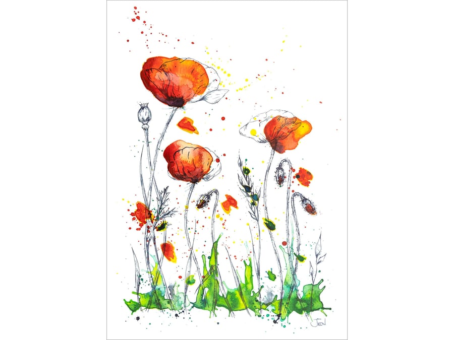 Red Poppy Meadow watercolour print featuring abstract flowers, painting