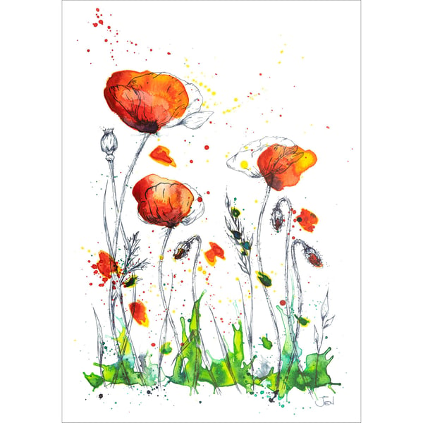 Red Poppy Meadow watercolour print featuring abstract flowers, painting