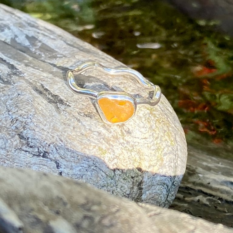 Honey Sea Glass Sterling Silver Ring - Size U - 1369