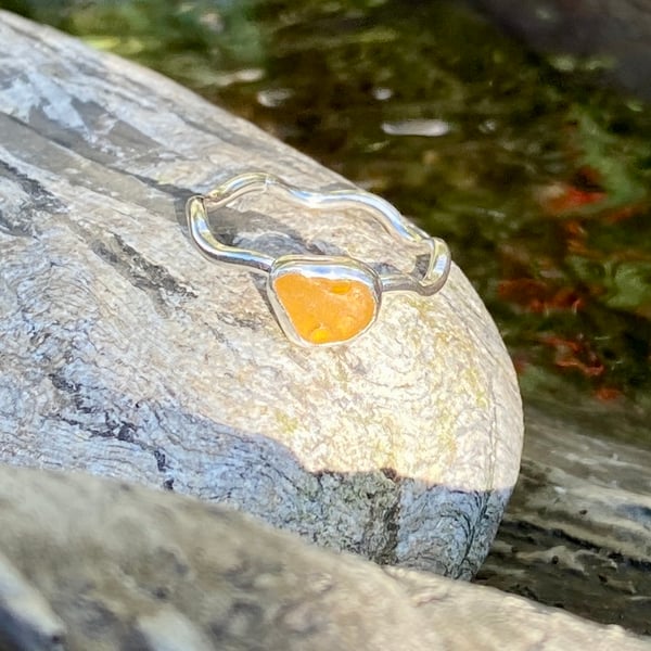 Honey Sea Glass Sterling Silver Ring - Size U - 1369