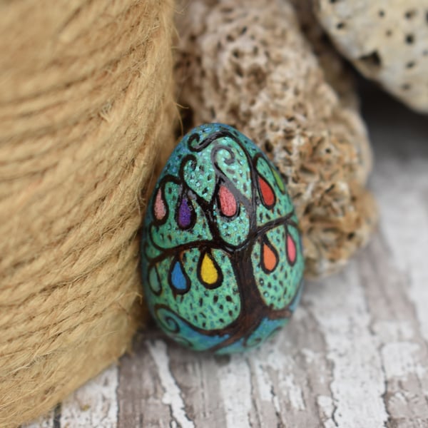 Rainbow teardrop egg shape wood brooch. Pyrography wooden tree of life.