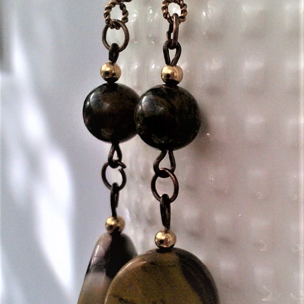 Long Mookaite Drop Earrings with Mahogany Obsidian, Copper Ear Hooks