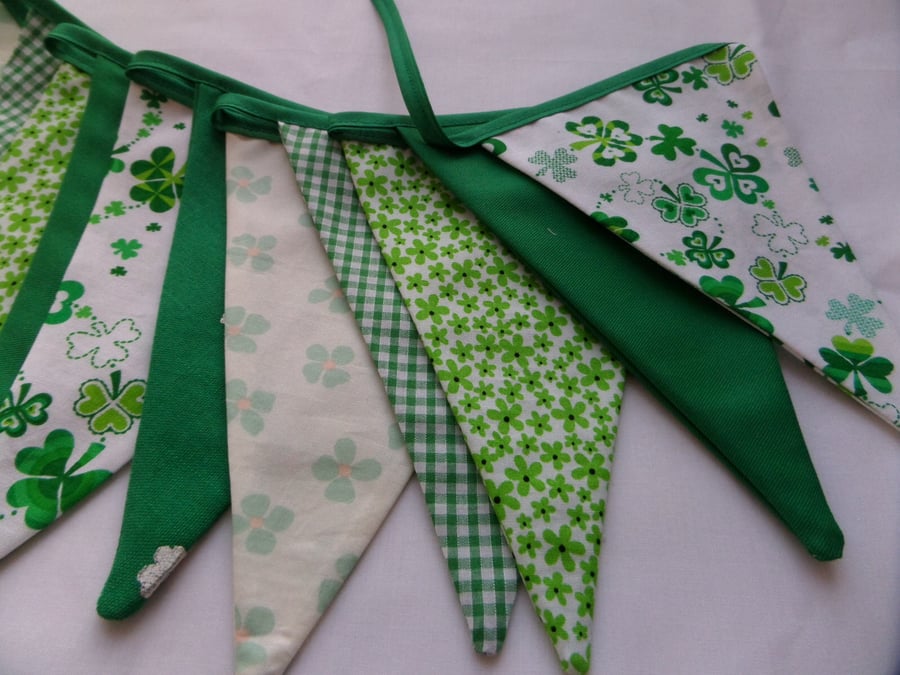 St Patrick's Day bunting, all greens with shamrocks, 12 flags 9ft long with ties