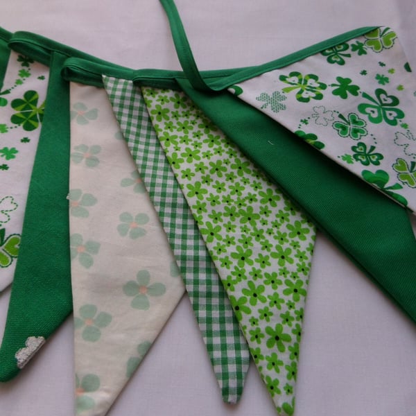 St Patrick's Day bunting, all greens with shamrocks, 12 flags 9ft long with ties