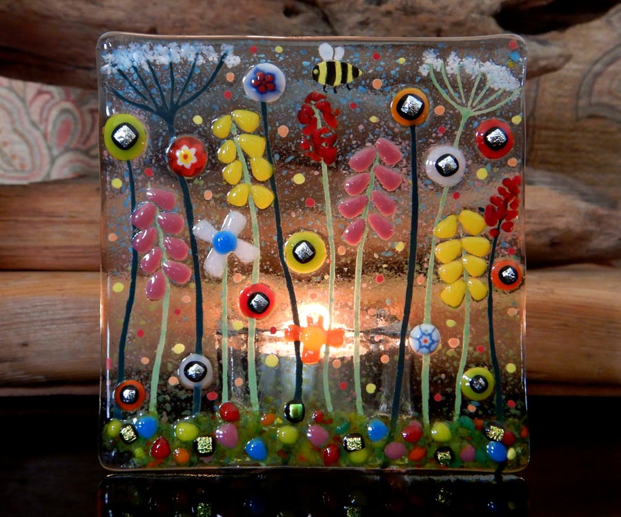 Handmade Fused Glass 'Bumble Bee' T Light Holder
