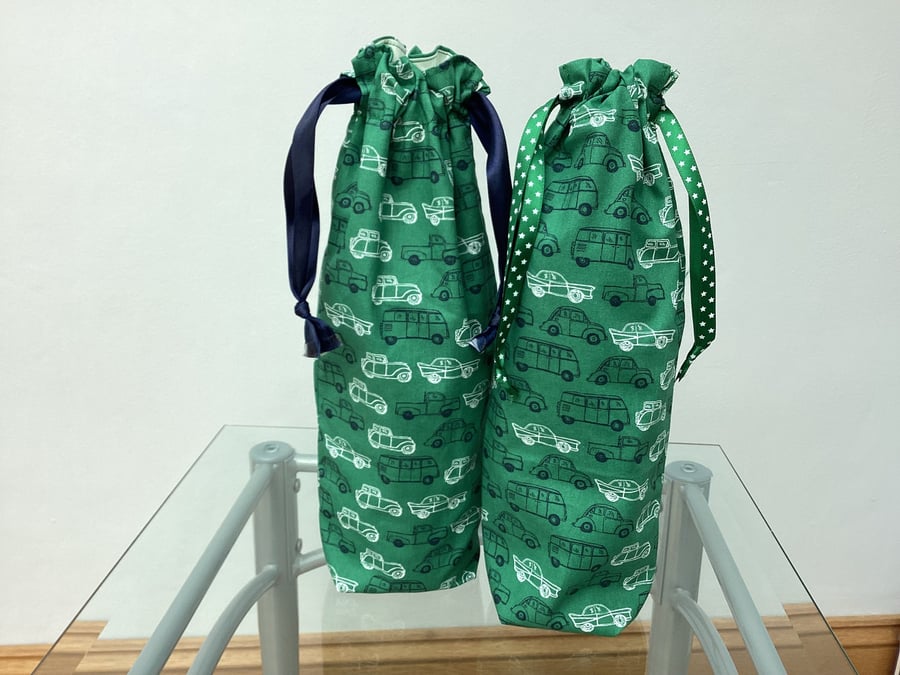 Wine Gift Bag, Fabric gift bag in a green cotton fabric patterned with cars, cam