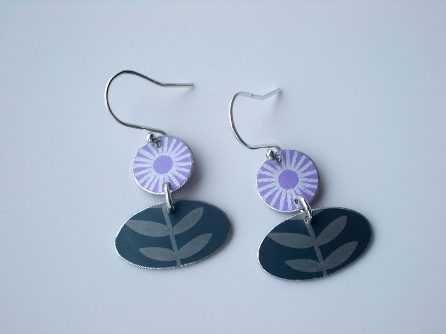Folk art flower earrings in purple and grey