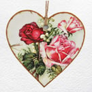 Decoupaged Wooden Hanging Heart 15cm (6"): Red Pink Roses design