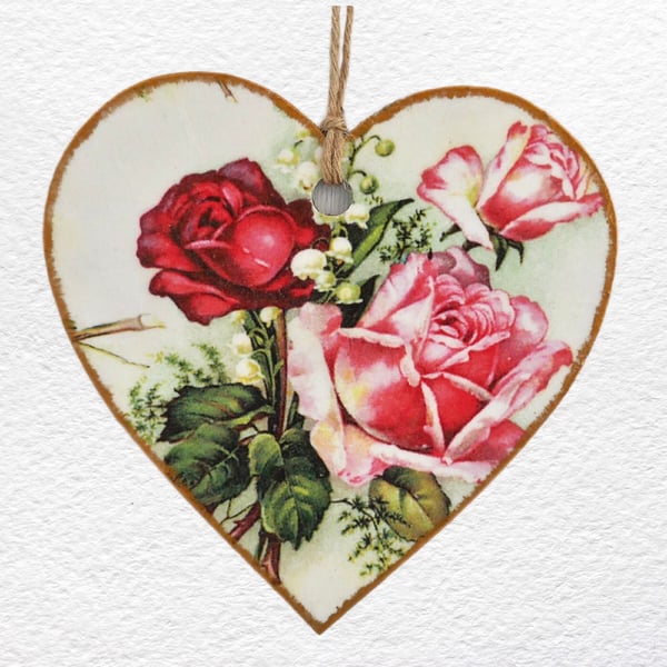 Decoupaged Wooden Hanging Heart 15cm (6"): Red Pink Roses design