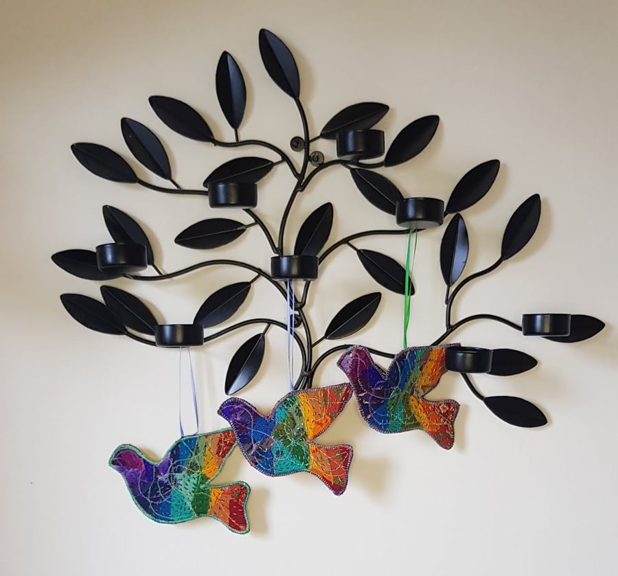 Sari silk Rainbow Dove hanging decoration